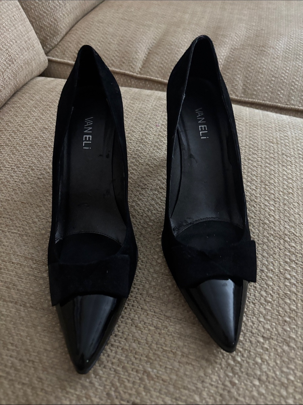 Vaneli Black Pointed-Toe Patent & Suede Bow Pumps